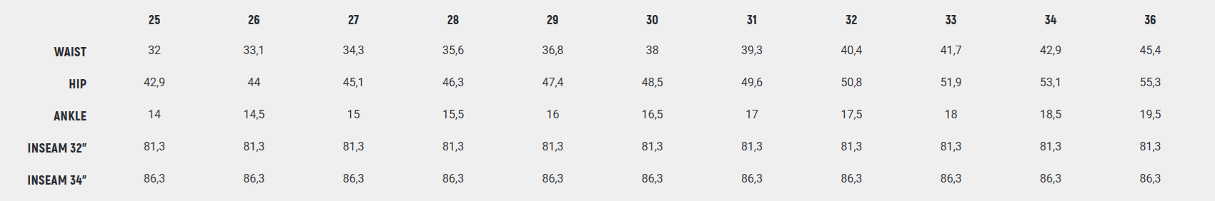 Foto: Size chart John Doe