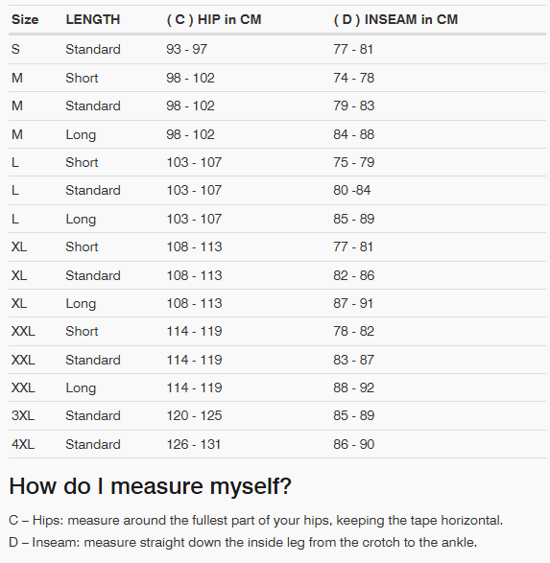 Foto: Size chart REV'IT!
