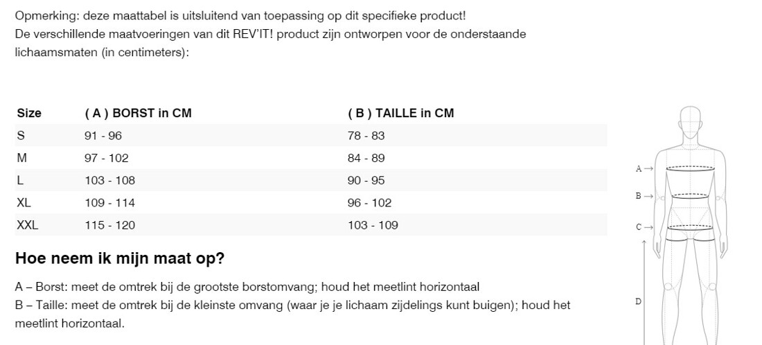 Foto: Size chart REV'IT!