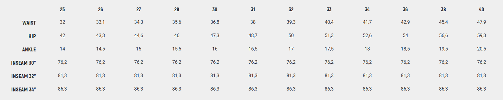 Foto: Size chart John Doe