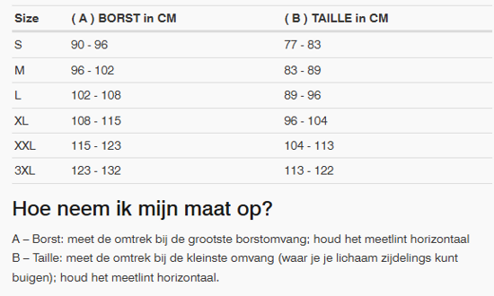 Foto: Size chart REV'IT!