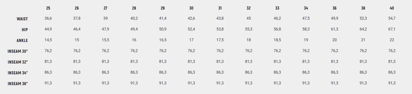 Foto: Size chart John Doe