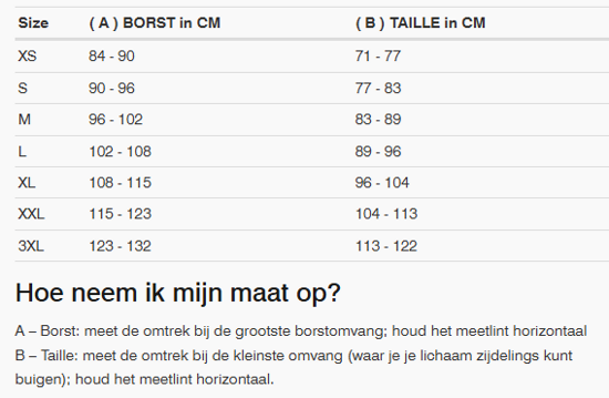 Foto: Size chart REV'IT!