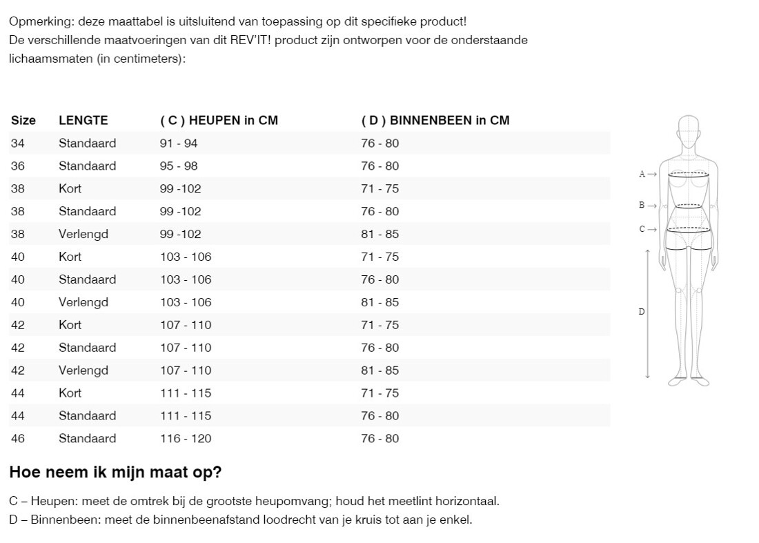Foto: Size chart REV'IT!