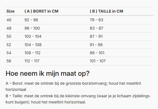 Foto: Size chart REV'IT!