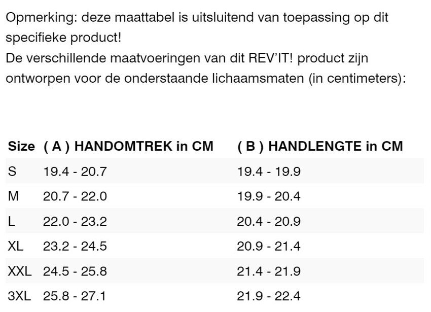 Foto: Size chart REV'IT!