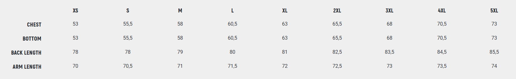 Foto: Size chart John Doe