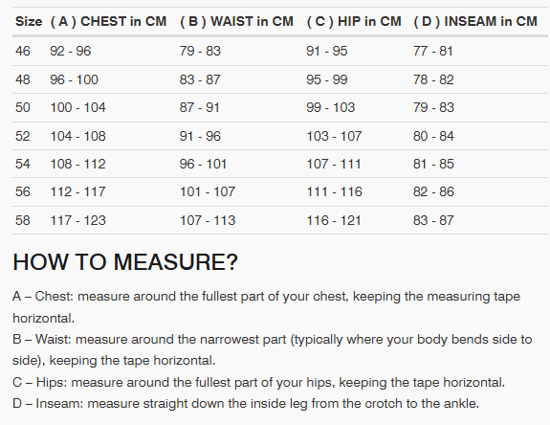Foto: Size chart REV'IT!