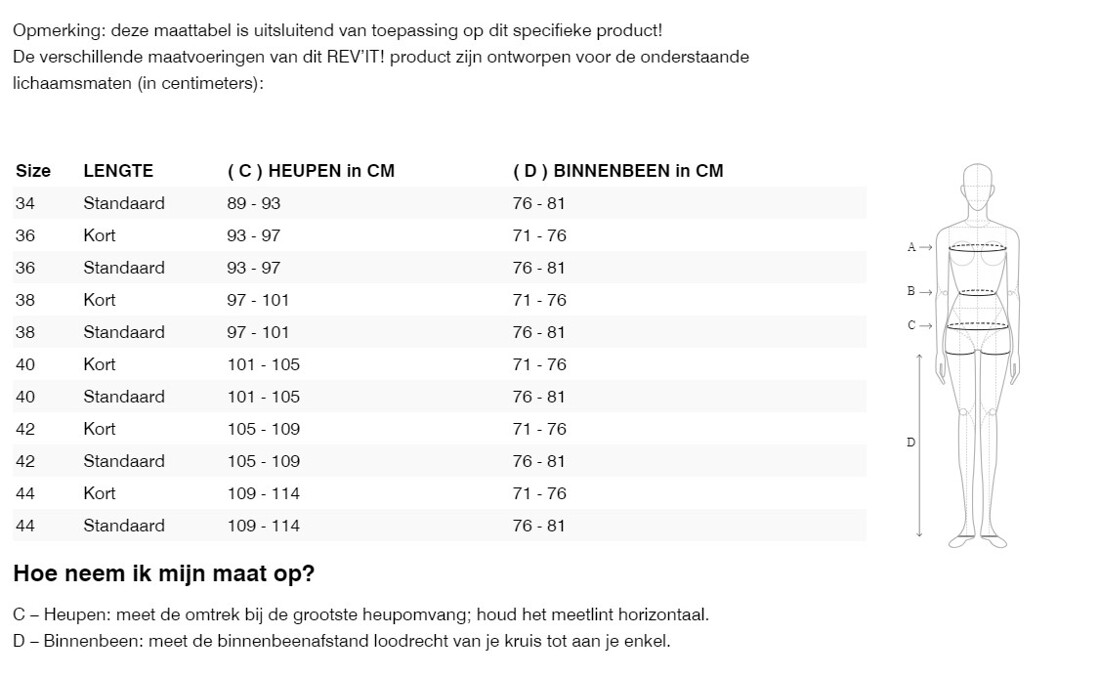 Foto: Size chart REV'IT!