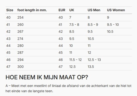Foto: Size chart REV'IT!