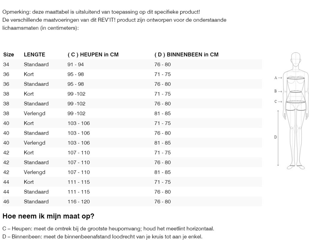Foto: Size chart REV'IT!