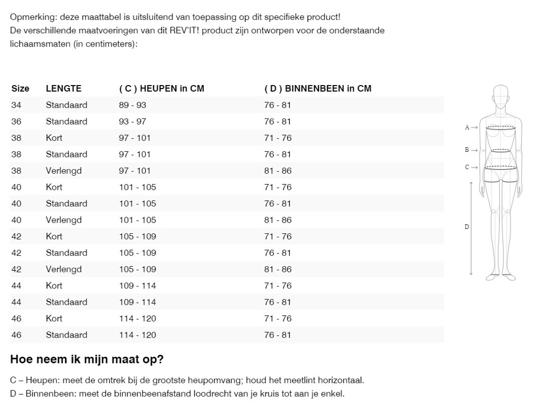 Foto: Size chart REV'IT!
